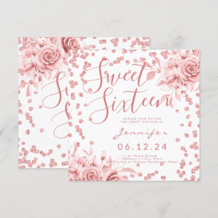 Elegant Ro Guld Sweet 16 Glitter Konfetti Blommigt Inbjudningar