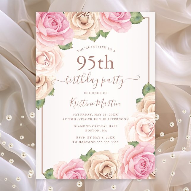 Elegant Ro Guld Vattenfärgad Blommigt 95:e födelse Inbjudningar (95th birthday party invitation with pink roses)