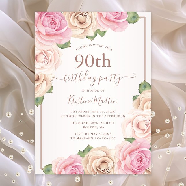 Elegant Ro Guld Vattenfärgsfärgad Blommigt 90:e fö Inbjudningar (90th birthday party invitation with pink roses)