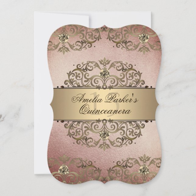 Elegant Ro Guld Vintage Damask Quinceanera Inbjudningar (Framsida)