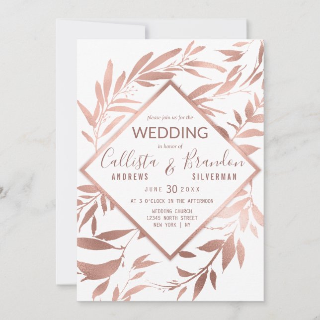 Elegant Ro Guld Vita Blommigten Löv Bröllop Inbjudningar (Framsida)