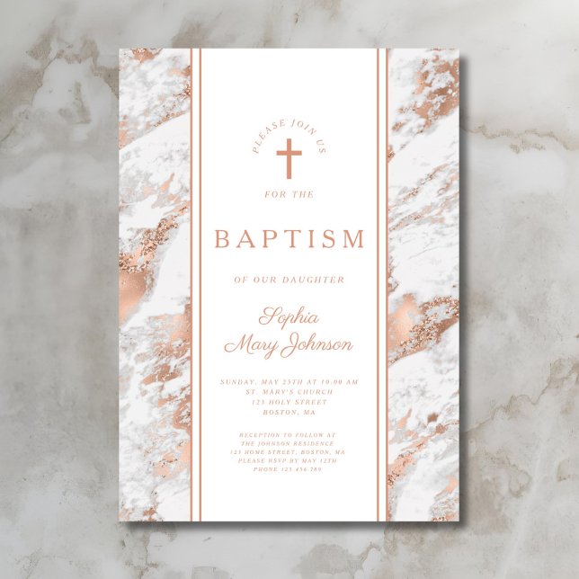 Elegant Ro Guld & Vita marmor Virtuella Bröllop I Inbjudningar (Elegant Rose Gold Baptism Invitation)