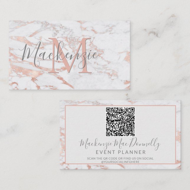 Elegant Ro guldfoil Marble Monogram QR-kod Visitkort (Fram/baksida)