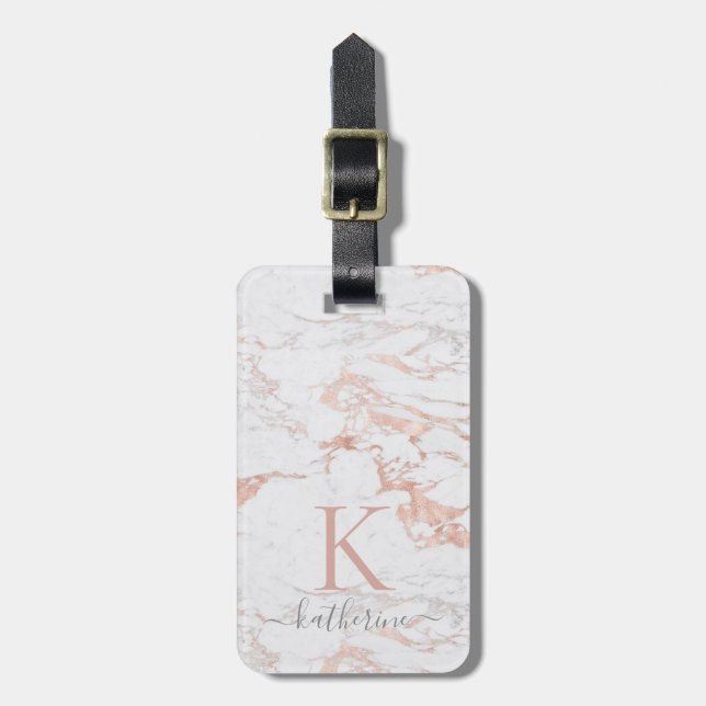 Elegant Ro guldolja | Vit marmor | Monogram Bagagebricka (Vertikal Framsida)