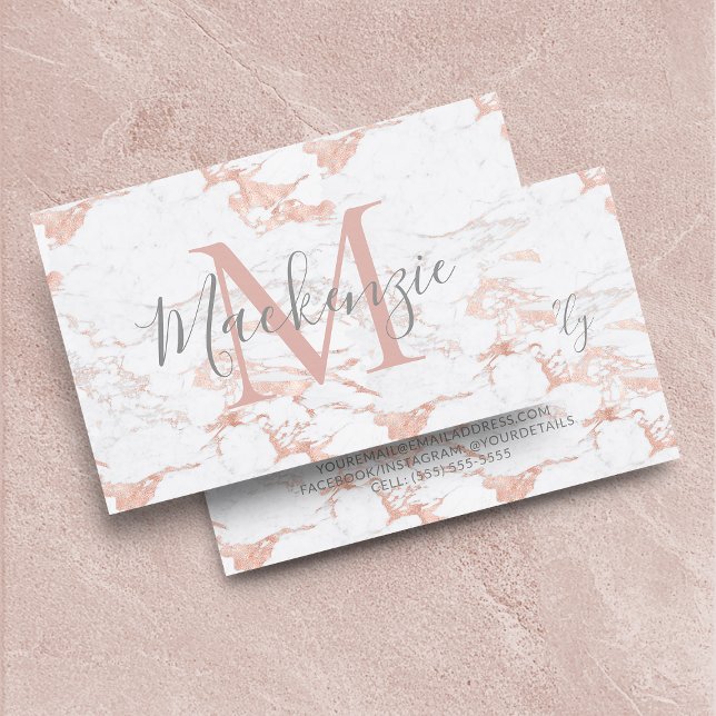 Elegant Ro guldolja | Vit marmor | Monogram Visitkort (Elegant Rose Gold Foil | White Marble | Monogram Business Card)