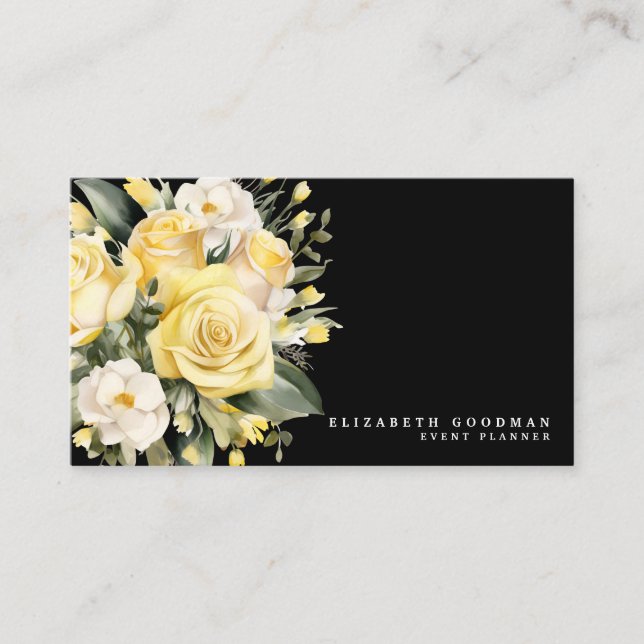 Elegant Ro Gult Black Flowers Affärskort Visitkort (Framsida)
