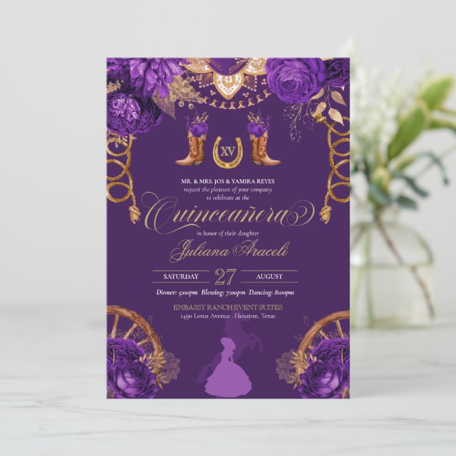 Elegant Ro Lila & Guld Charro Quinceanera Inbjudningar (Stående Fram)