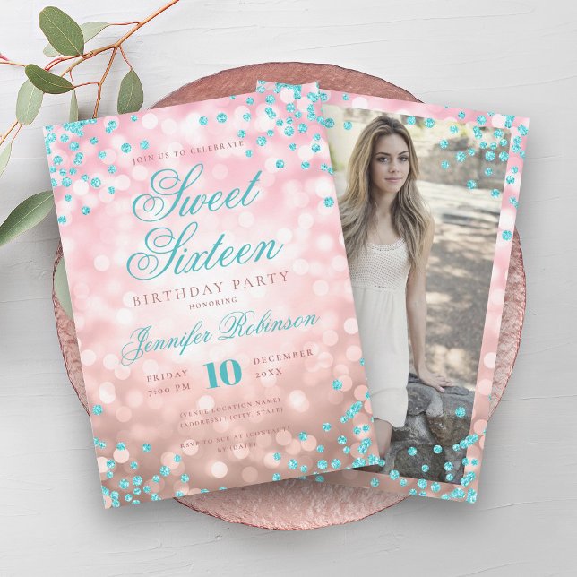 Elegant Ro Ljus Turquise Sweet 16 Inbjudningar (Elegant Rose Gold Lights Turquoise Sweet 16 Invitation)