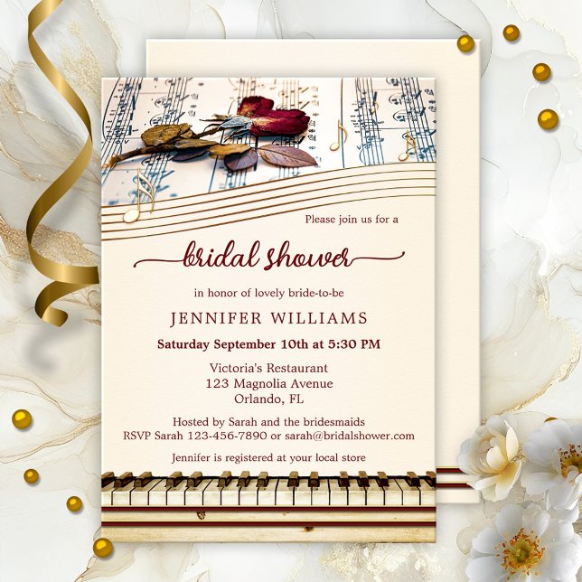 Elegant Ro Music Inbjudningskort för möhippan (Bridal shower invitation featuring a rose on music sheets with a piano keyboard and musical notes)