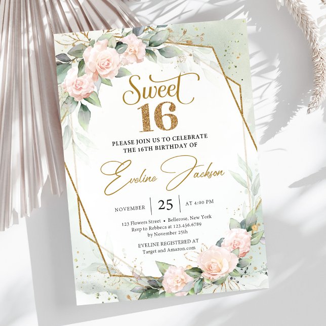 Elegant  ro och eukalyptus guld glitter inbjudningar (Soft pastel pink roses greenery and gold frame sweet sixteen invitation template )