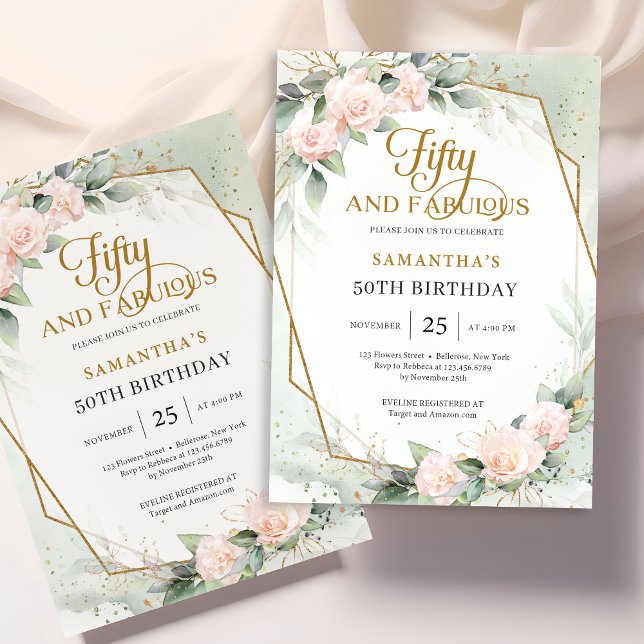 Elegant  ro och eukalyptus och guld ram inbjudningar (Amazing blush roses mixed eucalyptus woven gold frame fifty and fabulous invitation)