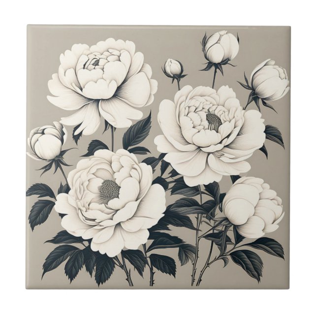 Elegant Ro och Peonies Blommigt om grädde Kakelplatta (Framsidan)