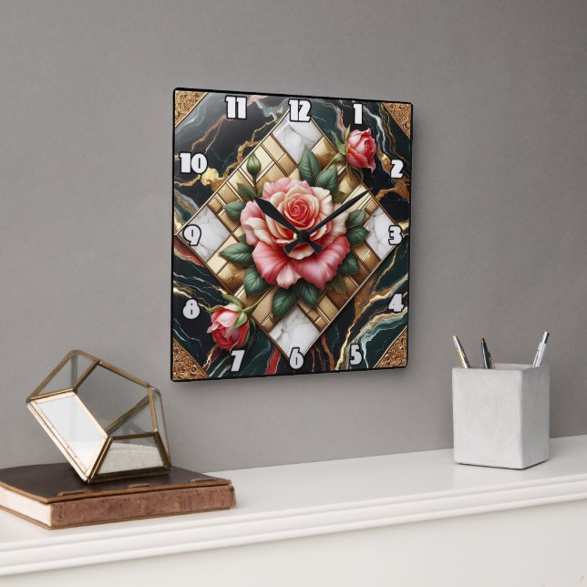 Elegant Ro på Marble och Guld Fyrkantig Klocka (Kontor)