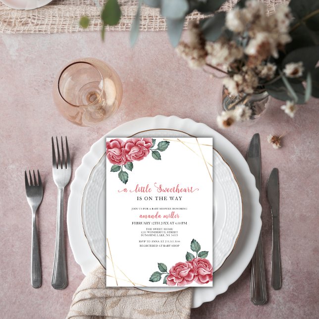Elegant Ro, raring Valentine Baby Shower Inbjudningar (Elegant Rose Sweetheart Valentine Baby Shower Invitation)