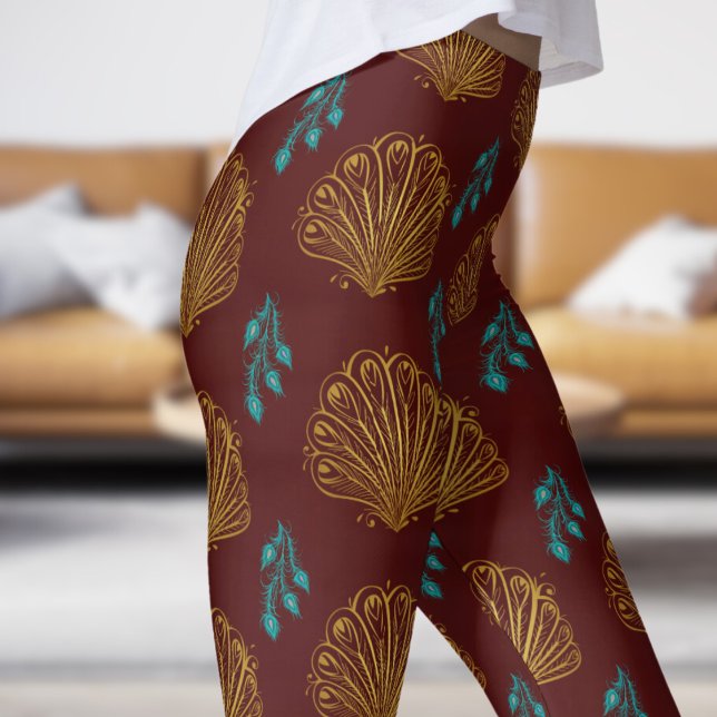 Elegant Ro Red Peacock Fläkt Mönster Leggings (Peacock Fan on Bulgarian Rose Leggings)