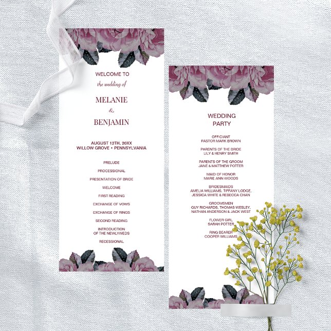 Elegant Ro Romantic Blommigt Bröllopsprogram Inbjudningar (Elegant Rose Pink Romantic Floral Wedding Program)