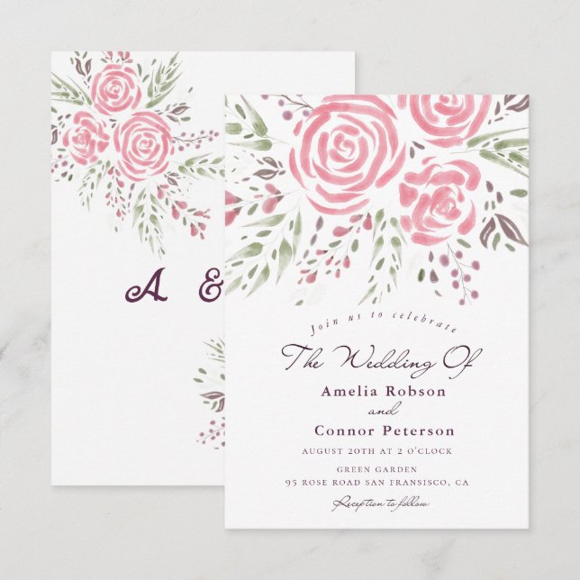 Elegant Ro Romantik vattenfärg Inbjudningar (Fram/baksida)