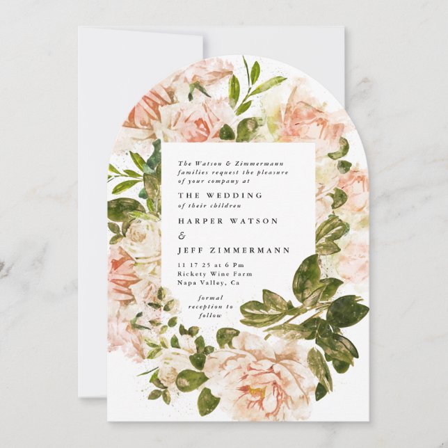 Elegant Ro Romantik Watercolor Bröllop Arch Inbjudningar (Framsida)