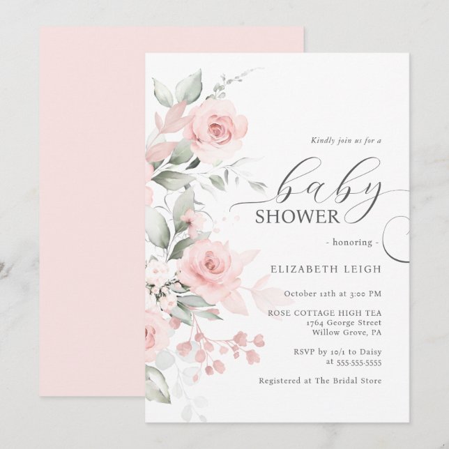 Elegant Ro  Rosa Baby Shower Inbjudningar (Fram/baksida)