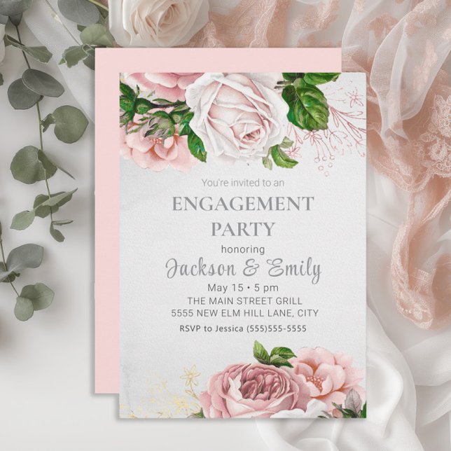 Elegant Ro Rosa Blommigt Cream Förlovningsfest  Inbjudningar (Elegant blush pink watercolor vintage floral engagement party invitation)
