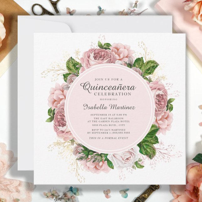Elegant Ro  Rosa Blommigt White Quinceañera Inbjudningar (Elegant pink vintage roses Quinceañera invitation)