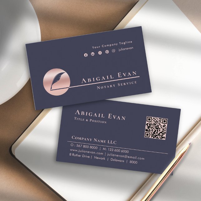 Elegant Ro Rosa Feather Logotyp Notservice (notari Visitkort (Elegant Rose Gold Pink Feather Logo Notary Service Business Card)