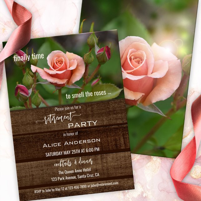 Elegant Ro Slappna av Garden Pension Party Inbjudningar (Retirement party invitation featuring a peach colored rose on rustic dark wood - garden - flowers)