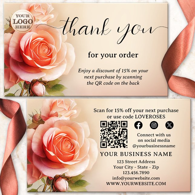 Elegant Ro Tack för din beställning Visitkort (Thank you for your order business card featuring a painting of a beautiful rose - with QR code)