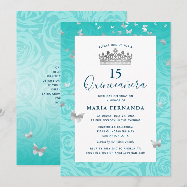Elegant Ro Teal Silver Krona Blommigt Quinceanera Inbjudningar (Fram/baksida)