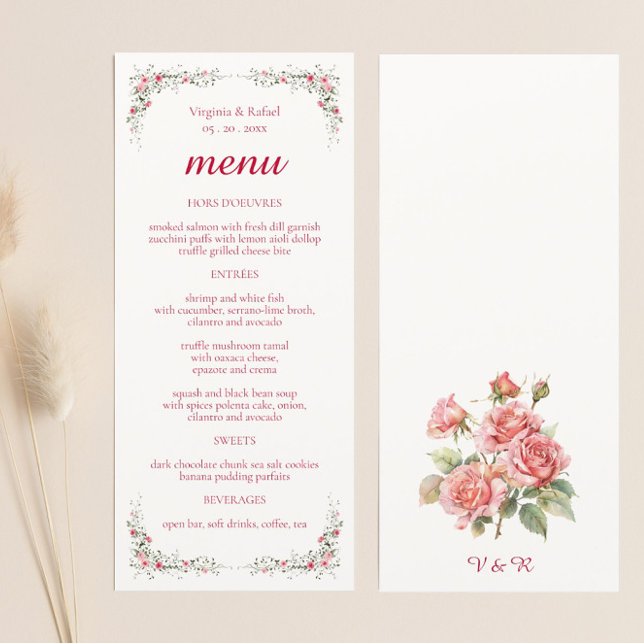 Elegant Ro Watercolor Bröllop Meny (Elegant Rose Watercolor Wedding Menu Cards)