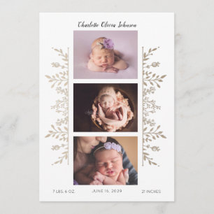 Elegant Ro White 3 Photo Birth Notice Meddelande