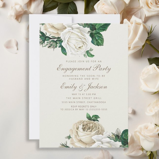 Elegant Ro White Blommigt Cream Förlovning Inbjudningar (Elegant vintage roses and greenery engagement party invitation)
