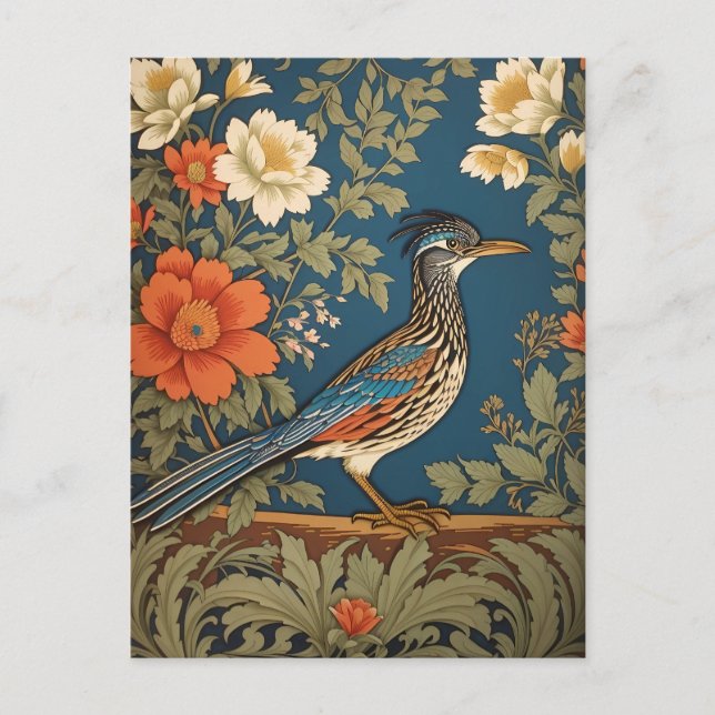 Elegant Roadrunner Bird William Morris Inspired Vykort (Framsida)
