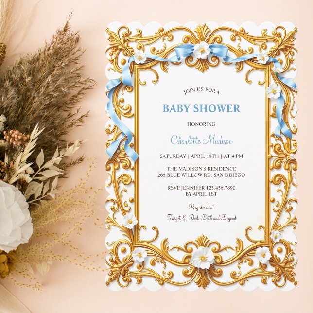 Elegant Rococo Blue Guld Blommigt Boy Shower Inbjudningar (Elegant Rococo Blue Gold Floral Boy Baby Shower Invitation)