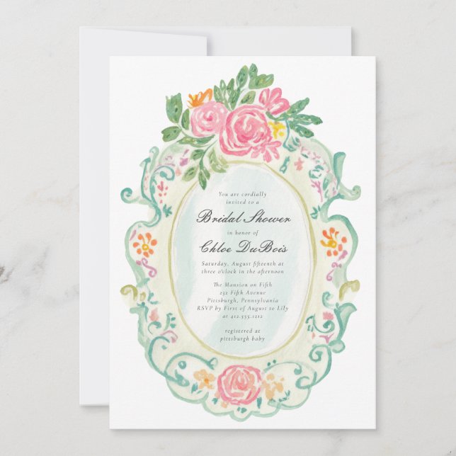 Elegant Rococo Floral Bridal Shower QR code  Inbjudningar (Framsida)