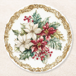 Elegant Rococo Floral Poinsettia Holiday Dining Underlägg Papper Rund