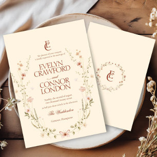 Elegant Rococo Monogram Blommigt Rustic Bröllop Inbjudningar