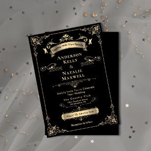 Elegant Rococo Ornament Black & Guld Bröllop Inbjudningar
