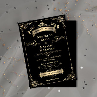 Elegant Rococo Ornament Black & Guld Bröllop Inbjudningar