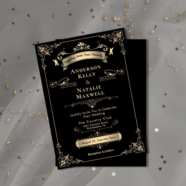 Elegant Rococo Ornament Black & Guld Bröllop Inbjudningar (Elegant Rococo Ornament Black & Gold Wedding Invitation)