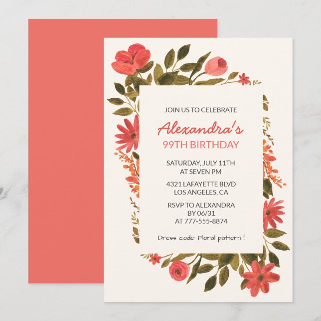 Elegant röd akvarellblomma 99-årsdag inbjudningar (Fram/baksida)