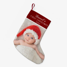 Elegant röd babyfoto anpassat namn liten julstrumpa