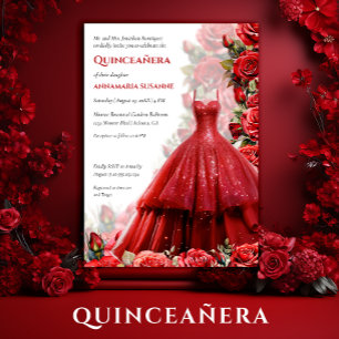 Elegant röd bällklänning Röda rosor Quinceanera Inbjudningar