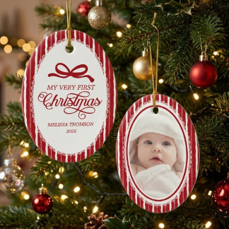 Elegant röd banderoll Baby's First Christmas namn Julgransprydnad Keramik