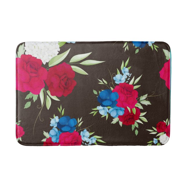 Elegant röd-blå blommönster på mörkbrun badrumsmatta (Framsidan)
