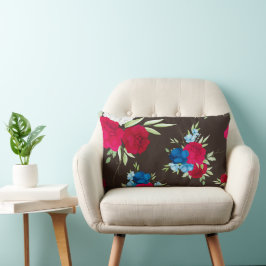 Elegant röd-blå blommönster på mörkbrun bakgrund lumbarkudde