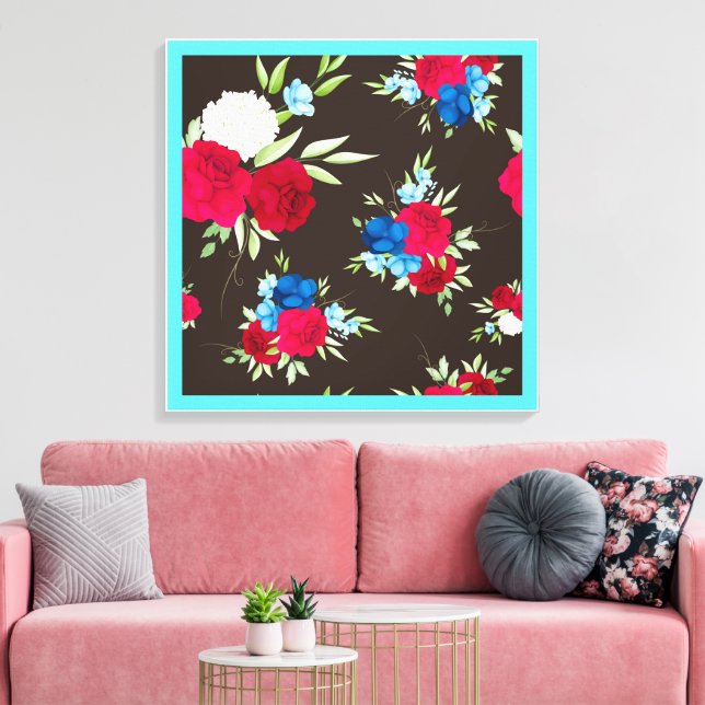 Elegant röd-blå blommönster på mörkbrun canvastryck (Insitu (Vardagsrum))