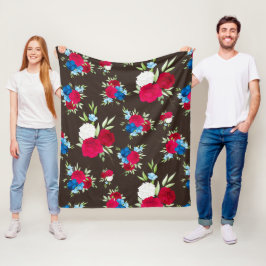 Elegant röd-blå blommönster på mörkbrun fleecefilt