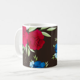 Elegant röd-blå blommönster på mörkbrun kaffemugg
