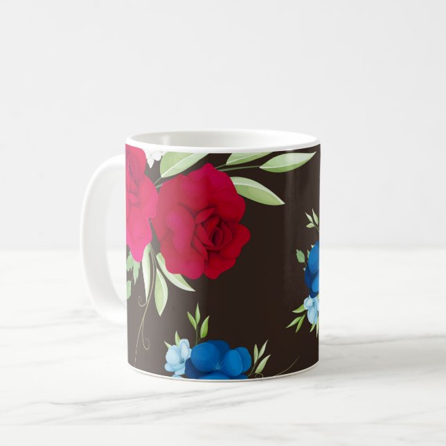 Elegant röd-blå blommönster på mörkbrun kaffemugg (Framsida vänster)